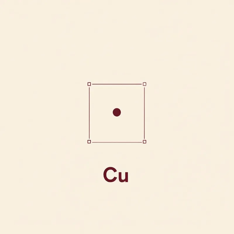Minimal burgundy line-art square-planar copper coordination diagram on warm cream
